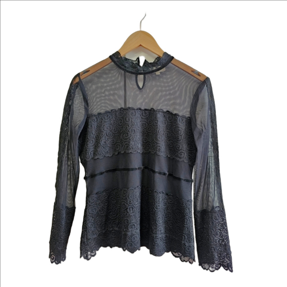 Delicate black lace Classy Sexy Formal Sheer Top with Mesh Sleeves